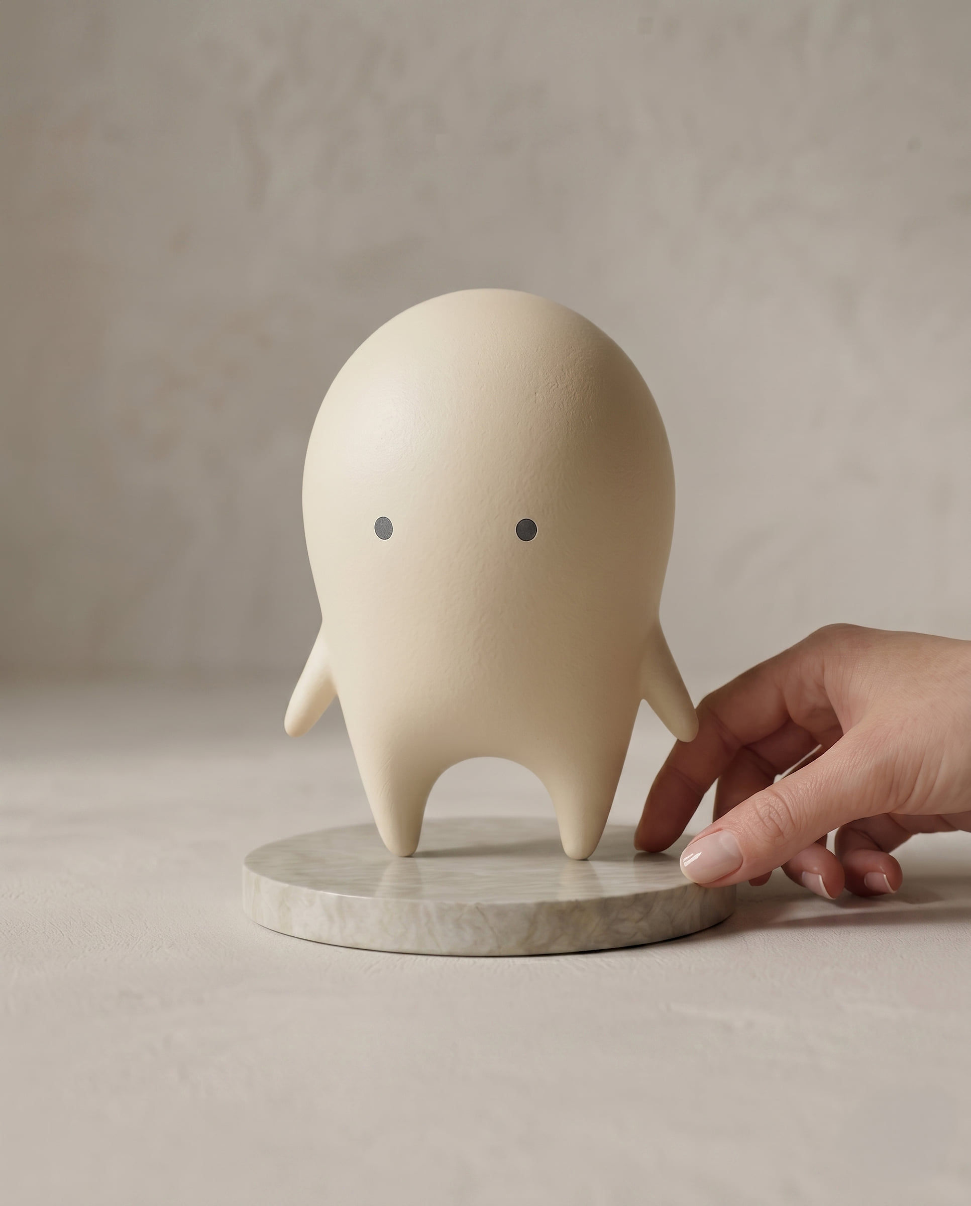 A hand setting the Auwa figure on its stone base