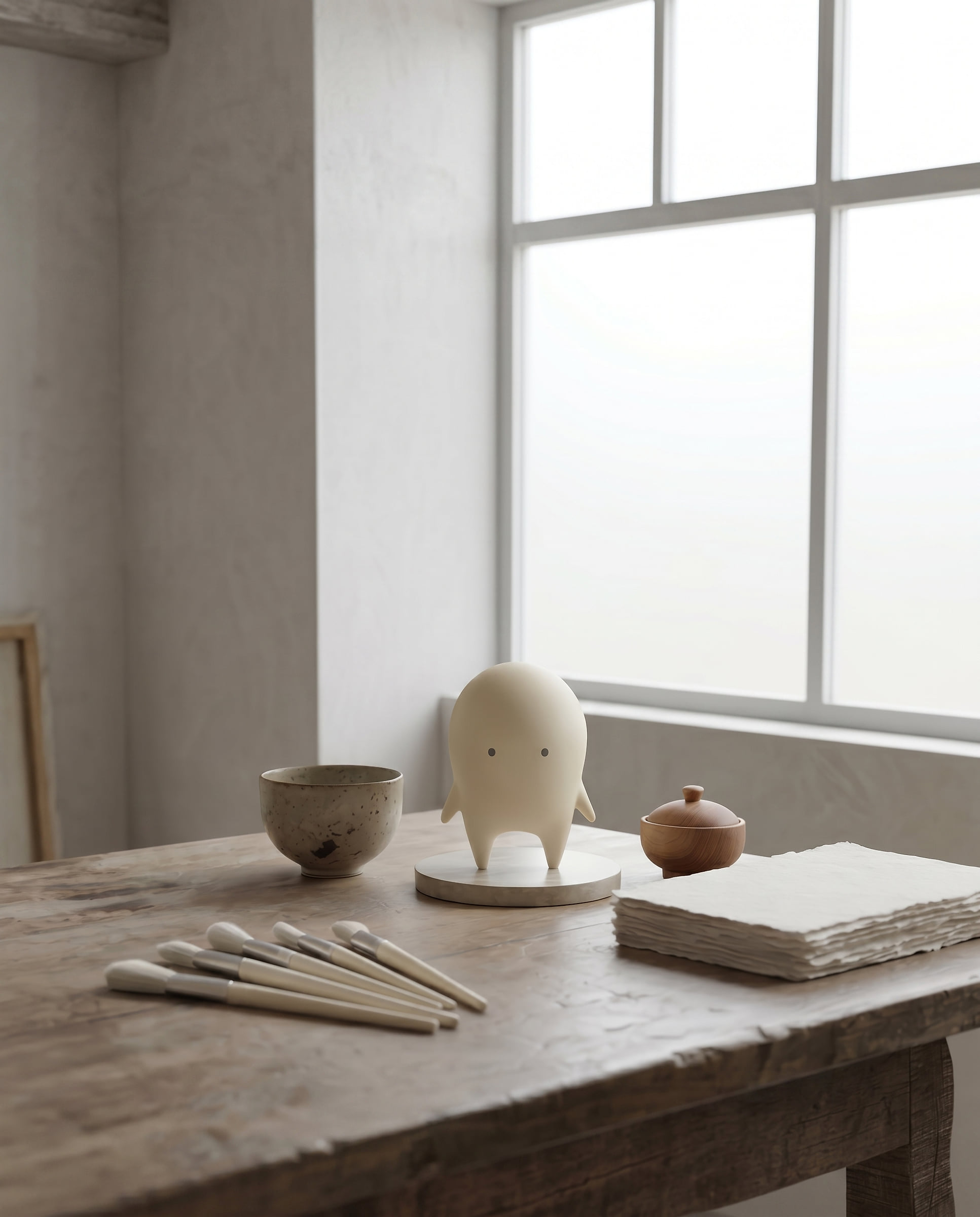 The Auwa figure on a studio worktable beside brushes and handmade paper